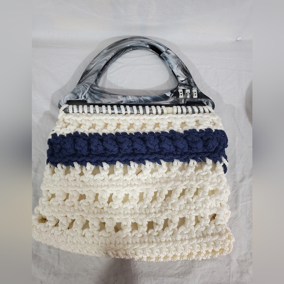 Hand Made Crocheted purse white and blue 12" x 9" - Picture 2 of 5